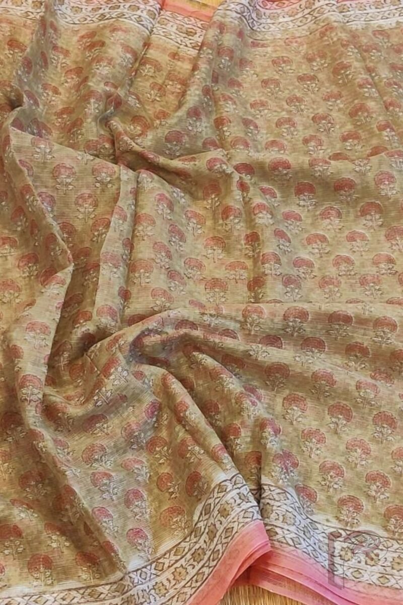 Kota Katha – Dull Green Kota Cotton Saree with Pink Stem Flowers and Offwhite Floral Blouse - Image 5