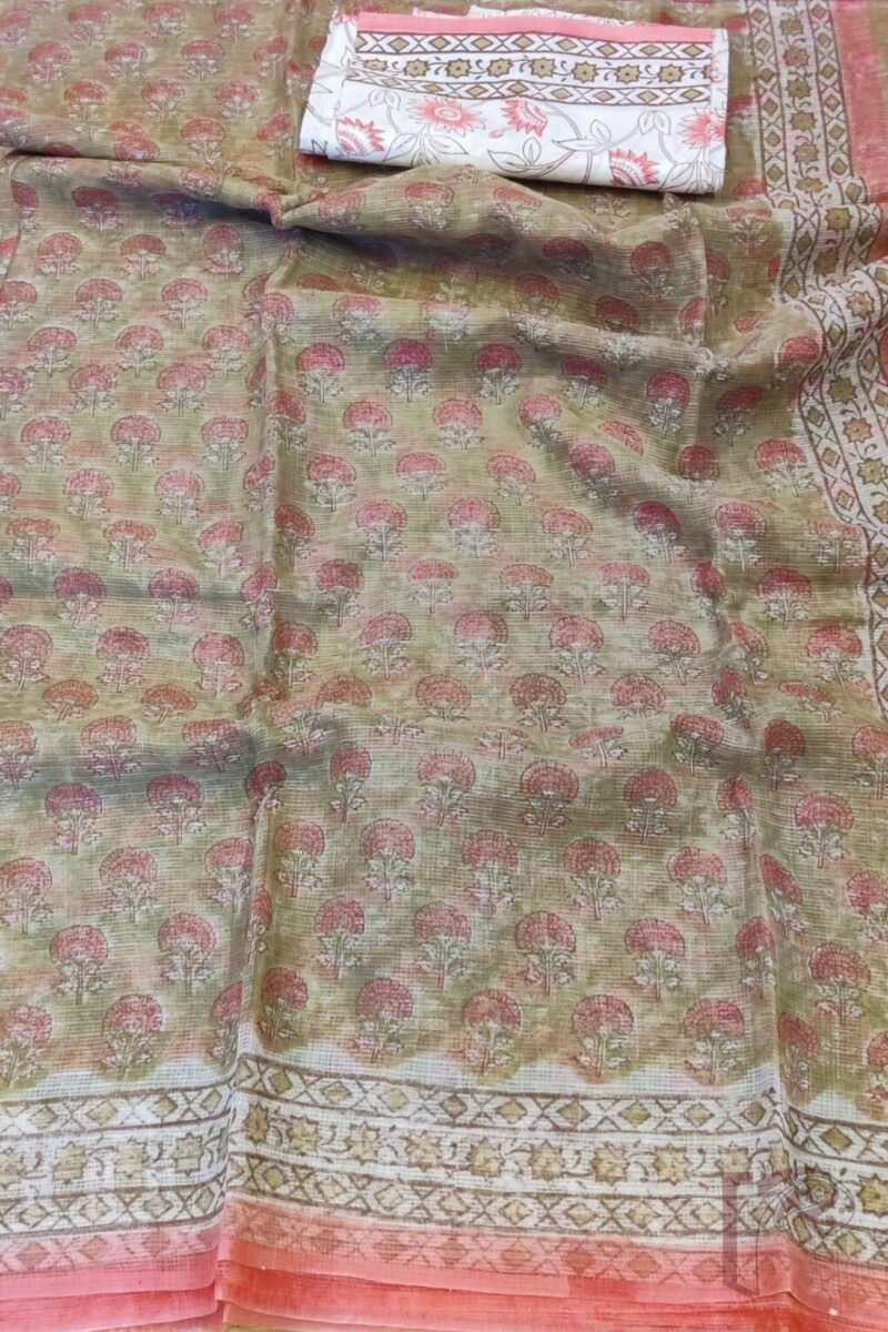 Kota Katha – Dull Green Kota Cotton Saree with Pink Stem Flowers and Offwhite Floral Blouse - Image 6