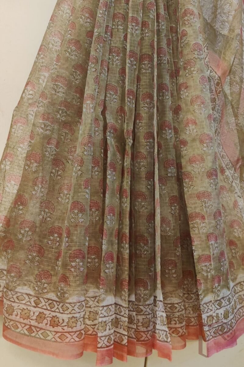 Kota Katha – Dull Green Kota Cotton Saree with Pink Stem Flowers and Offwhite Floral Blouse - Image 7