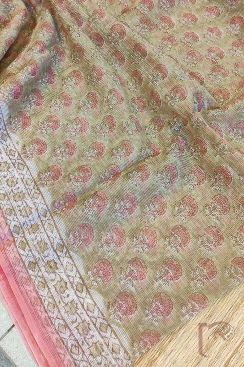 Kota Katha – Dull Green Kota Cotton Saree with Pink Stem Flowers and Offwhite Floral Blouse - Image 8