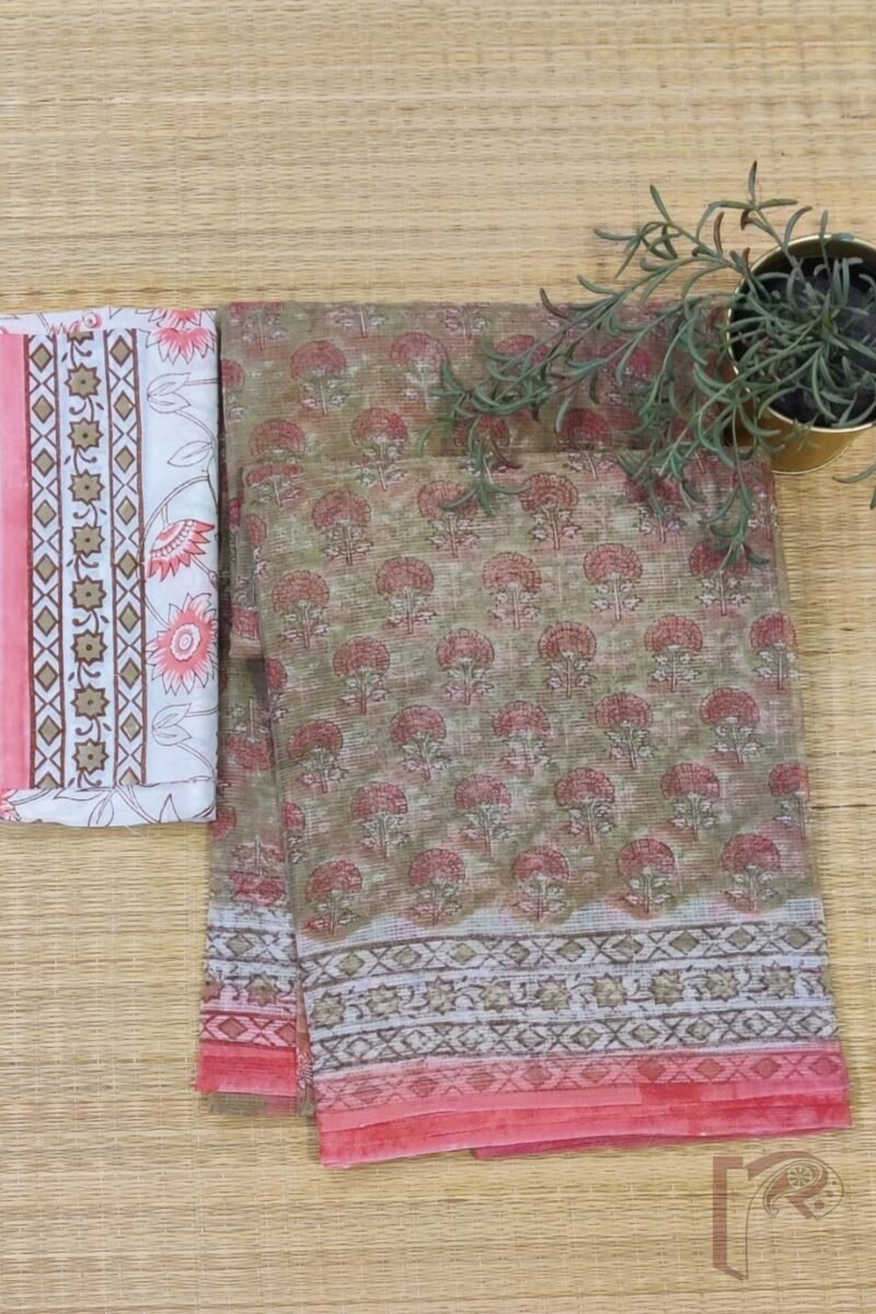 Kota Katha – Dull Green Kota Cotton Saree with Pink Stem Flowers and Offwhite Floral Blouse