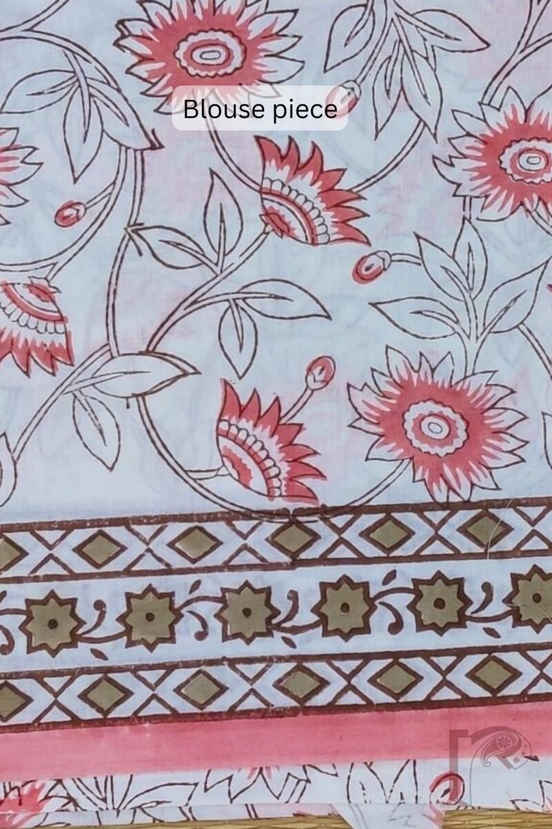 Kota Katha – Dull Green Kota Cotton Saree with Pink Stem Flowers and Offwhite Floral Blouse - Image 9