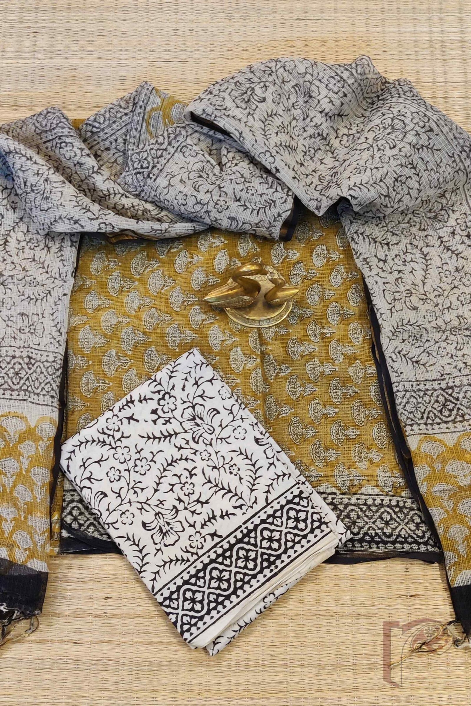 Suit stories – Mustard & Cream Black-Border Floral Kota Suit Set