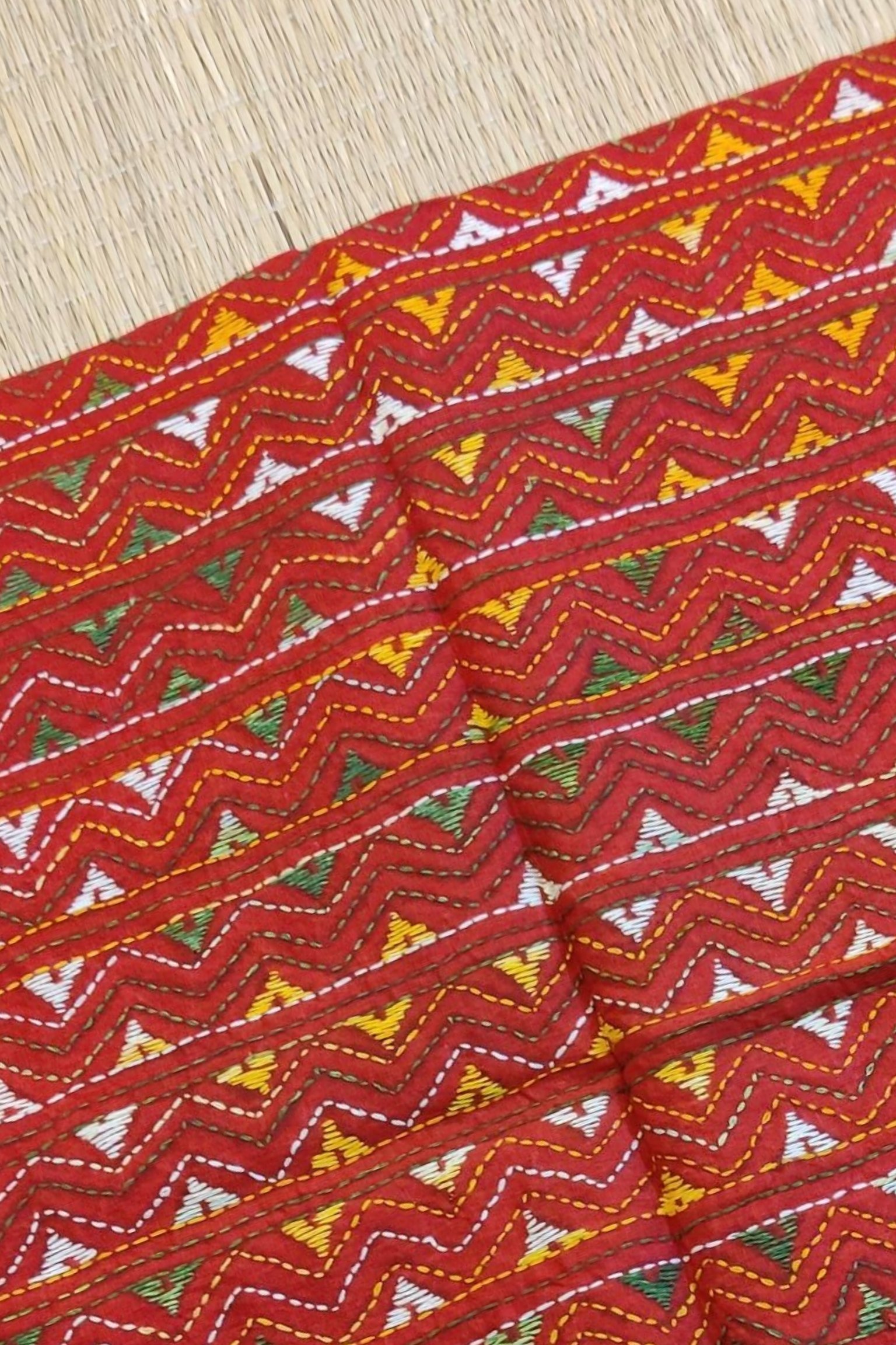 Rust Orange Cotton Blouse with Multicolor Zigzag and Triangular Kantha Patterns – Unstitched Fabric - Image 2