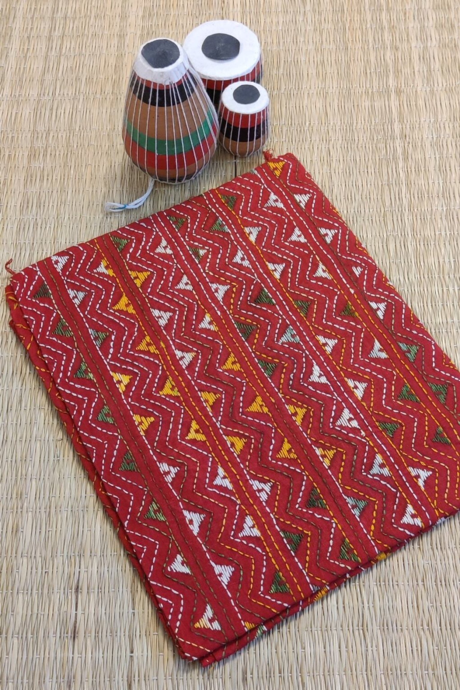 Rust Orange Cotton Blouse with Multicolor Zigzag and Triangular Kantha Patterns – Unstitched Fabric