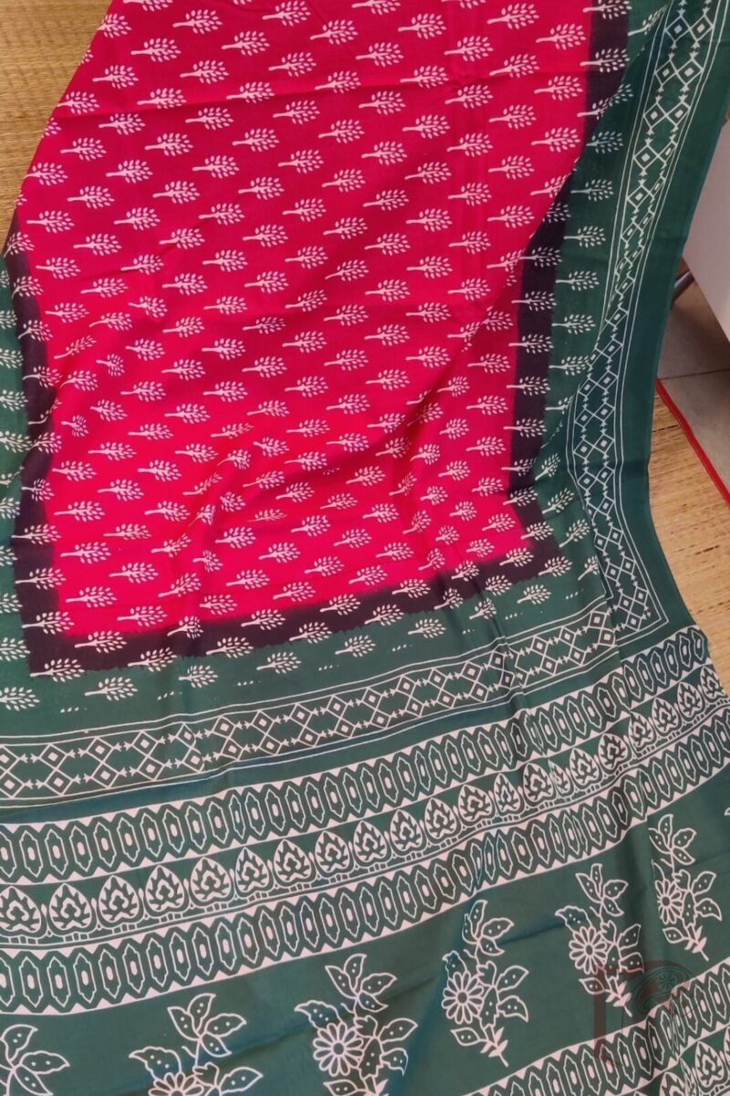 Mulmul Muse – Candy Pink and Sea Green Mulmul Saree with White Tree Motifs and Floral Pallu - Image 4