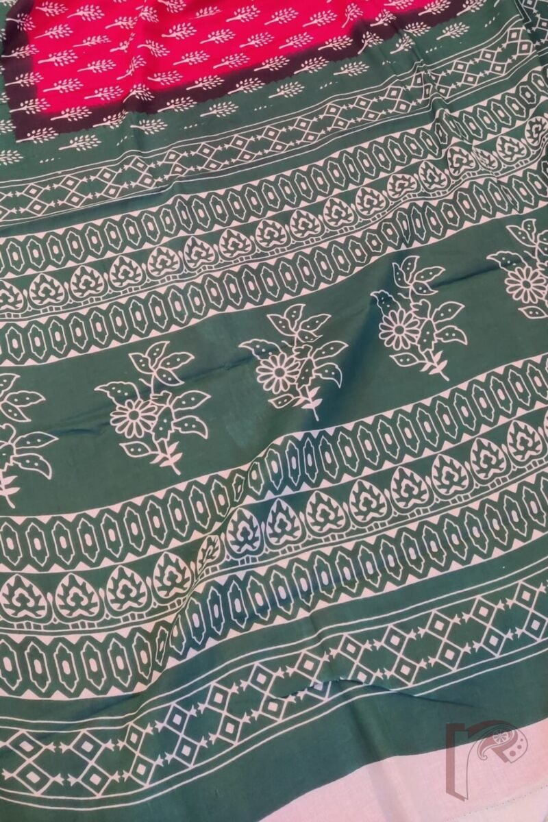 Mulmul Muse – Candy Pink and Sea Green Mulmul Saree with White Tree Motifs and Floral Pallu - Image 5