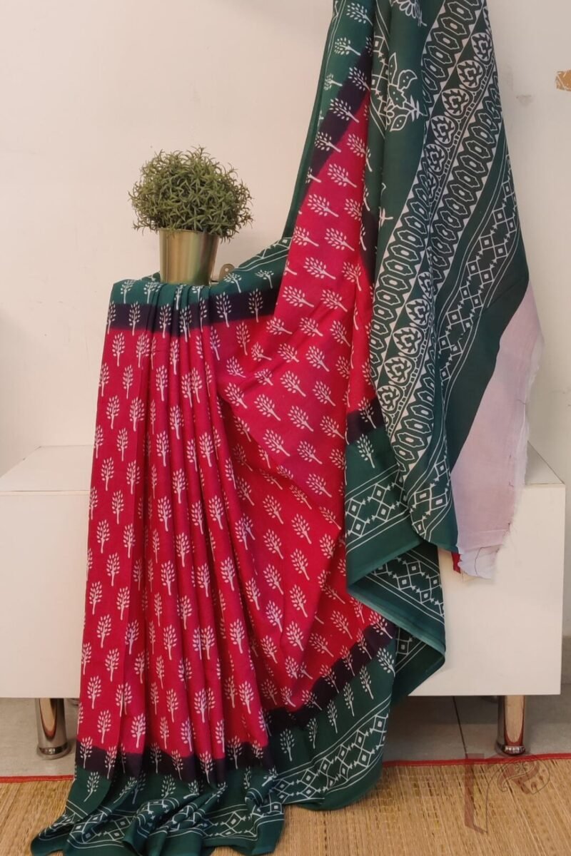 Mulmul Muse – Candy Pink and Sea Green Mulmul Saree with White Tree Motifs and Floral Pallu