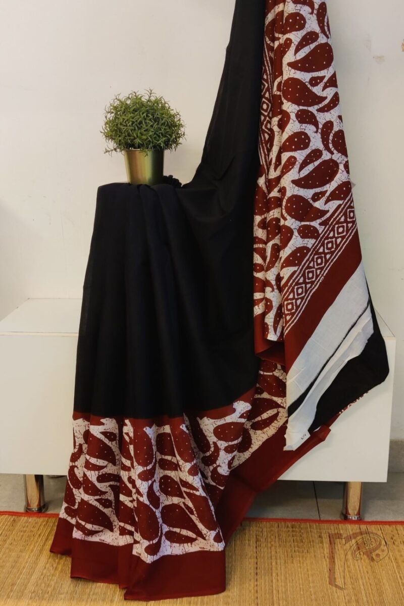 Mulmul Muse – Black and Maroon Mulmul Cotton Saree with Kairi Motifs and Abstract Dashes