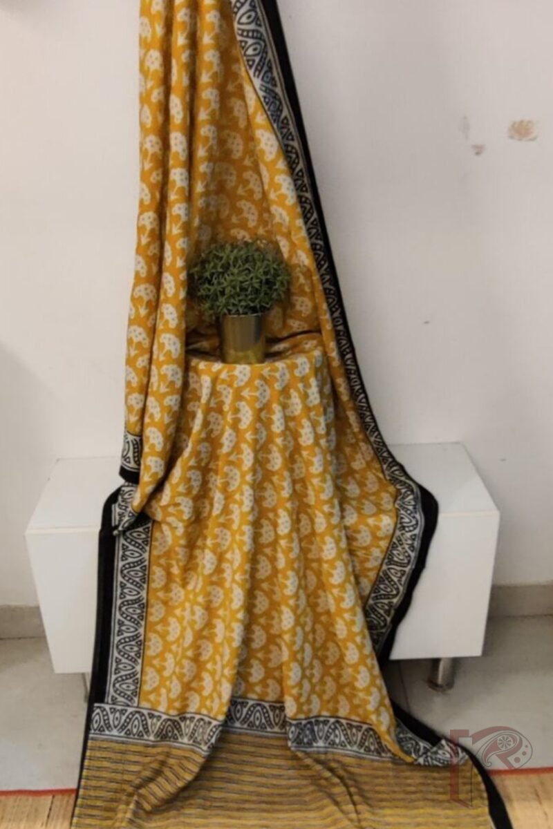 Mulmul Muse – Mango Yellow Mulmul Cotton Saree with Fan Flower Motifs and Wavy Pallu - Image 5