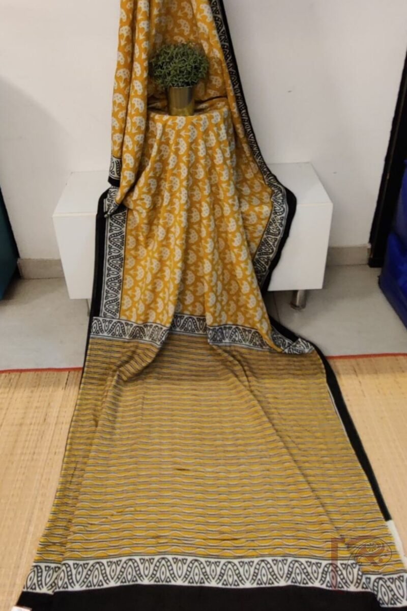 Mulmul Muse – Mango Yellow Mulmul Cotton Saree with Fan Flower Motifs and Wavy Pallu - Image 6