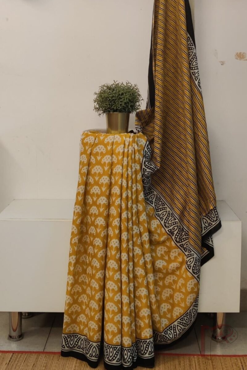 Mulmul Muse – Mango Yellow Mulmul Cotton Saree with Fan Flower Motifs and Wavy Pallu