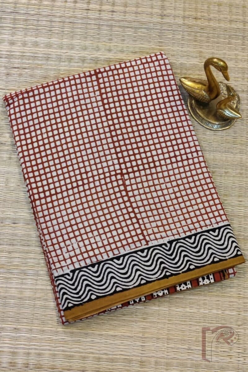 Mulmul Muse – Cream Mulmul Cotton Saree with Maroon Check Print, Black Wavy Border, and Geometric Pallu - Image 2