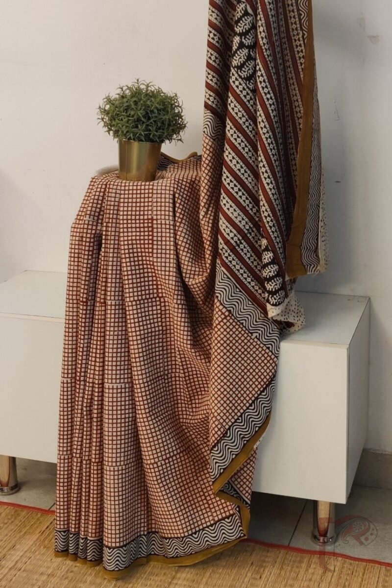 Mulmul Muse – Cream Mulmul Cotton Saree with Maroon Check Print, Black Wavy Border, and Geometric Pallu