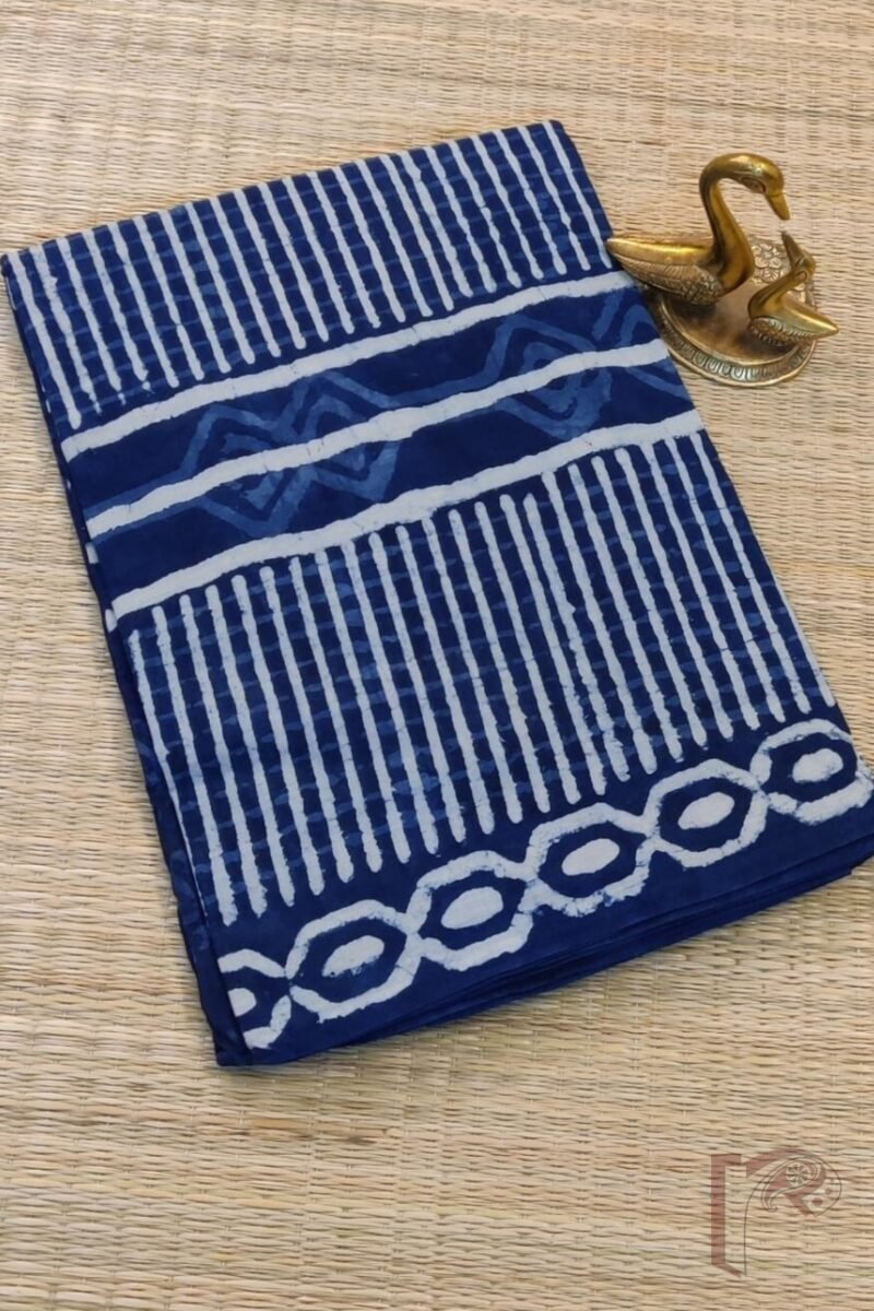 Mulmul Muse – Indigo Blue Mulmul Cotton Saree with Light Blue Traditional Motifs, Geometric Lines, and Leaf Stem Blouse - Image 2