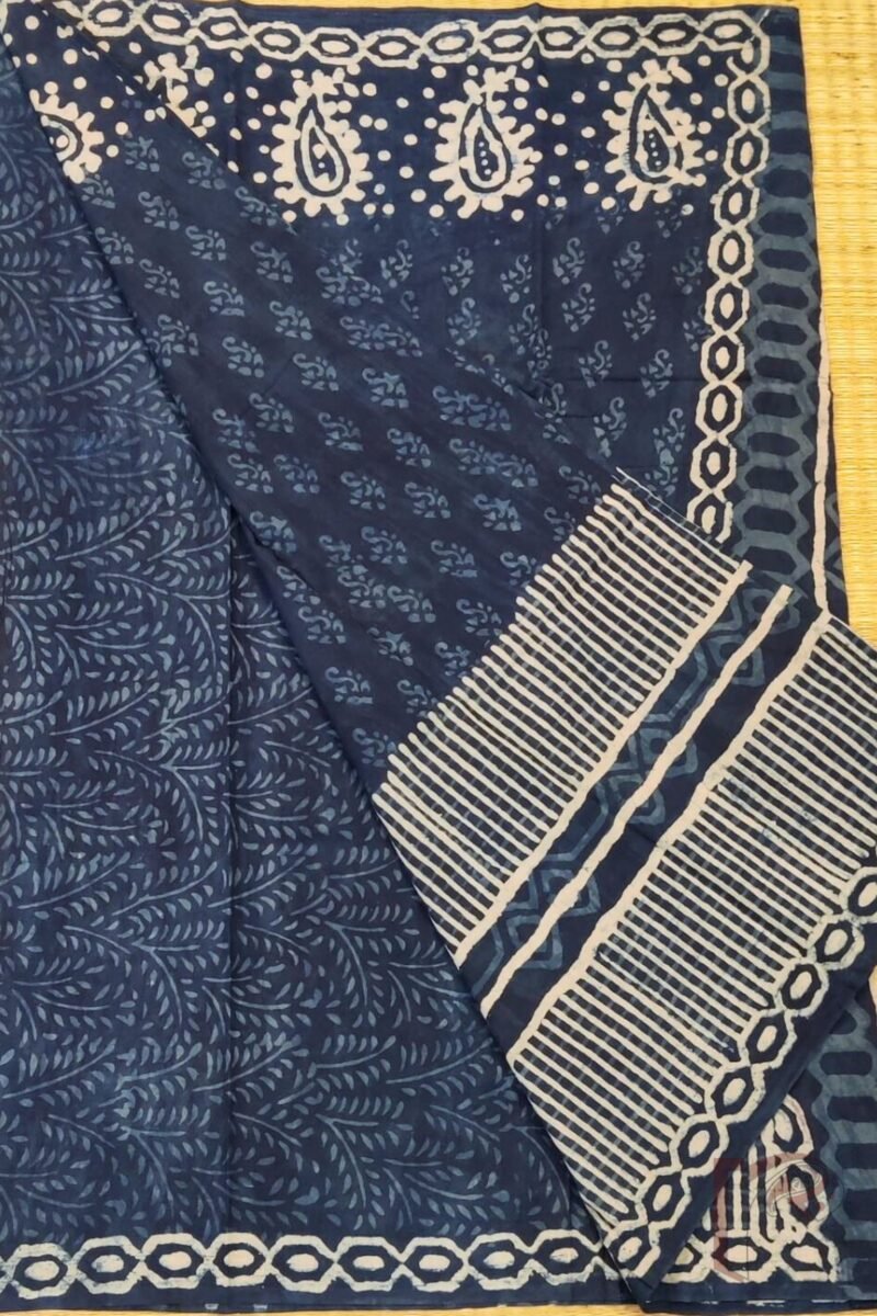Mulmul Muse – Indigo Blue Mulmul Cotton Saree with Light Blue Traditional Motifs, Geometric Lines, and Leaf Stem Blouse - Image 4