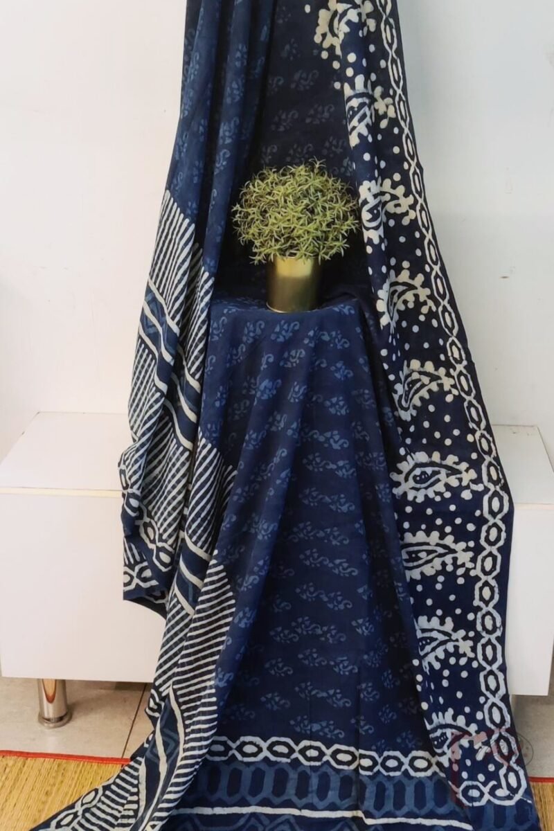 Mulmul Muse – Indigo Blue Mulmul Cotton Saree with Light Blue Traditional Motifs, Geometric Lines, and Leaf Stem Blouse - Image 5