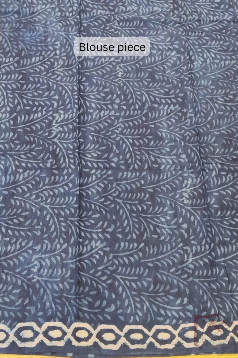 Mulmul Muse – Indigo Blue Mulmul Cotton Saree with Light Blue Traditional Motifs, Geometric Lines, and Leaf Stem Blouse - Image 7