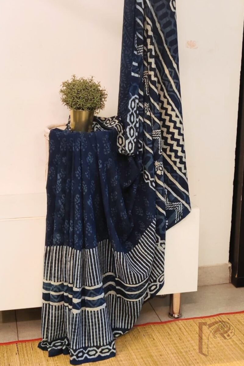 Mulmul Muse – Indigo Blue Mulmul Cotton Saree with Light Blue Traditional Motifs, Geometric Lines, and Leaf Stem Blouse