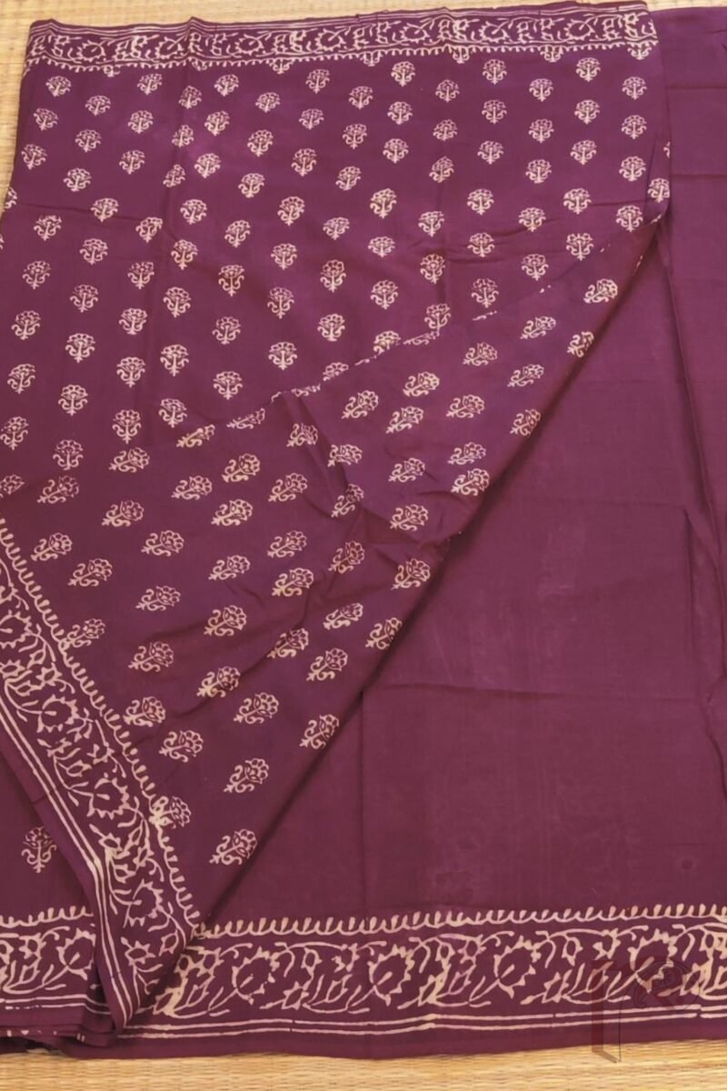 Mulmul Muse – Wine Mulmul Cotton Saree with Cream Traditional Floral Motifs, Bold Border, and Contrasting Pallu - Image 4