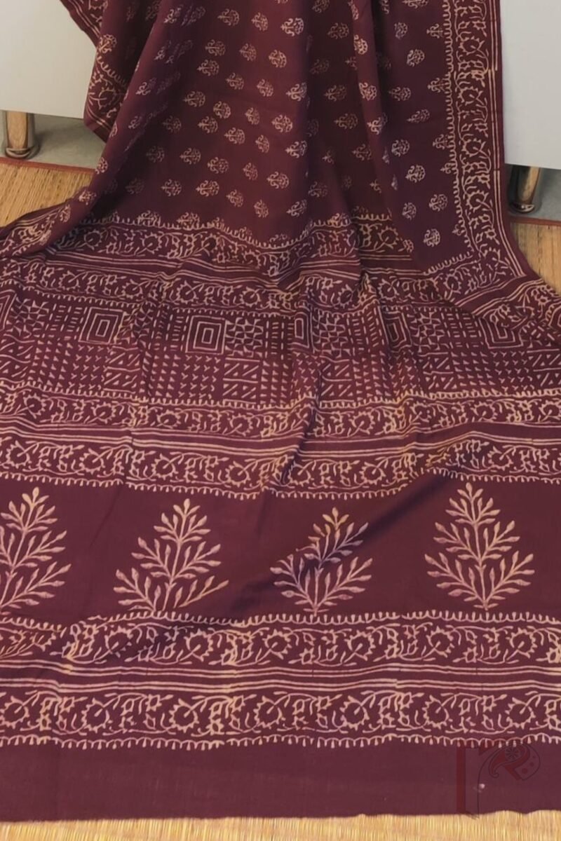Mulmul Muse – Wine Mulmul Cotton Saree with Cream Traditional Floral Motifs, Bold Border, and Contrasting Pallu - Image 6