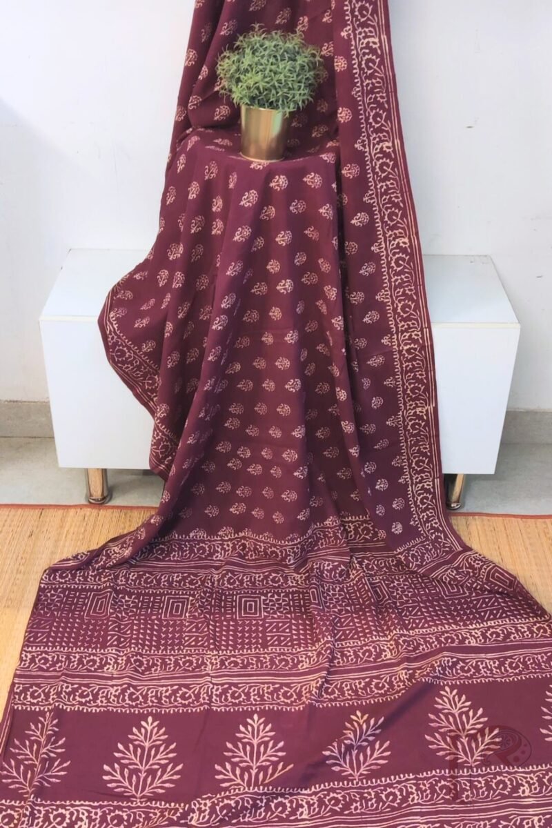 Mulmul Muse – Wine Mulmul Cotton Saree with Cream Traditional Floral Motifs, Bold Border, and Contrasting Pallu