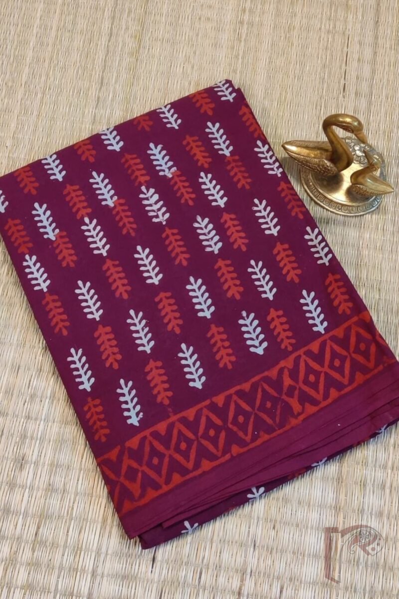 Mulmul Muse – Maroon Mulmul Cotton Saree with Red & Cream Leaf Motifs, Ajrakh-Inspired Pallu, and Red Block Print Border - Image 2