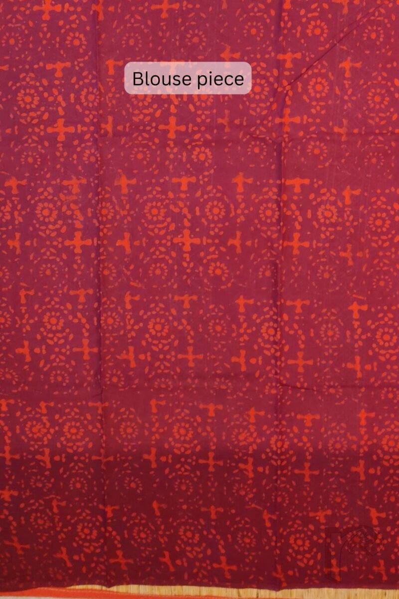 Mulmul Muse – Maroon Mulmul Cotton Saree with Red & Cream Leaf Motifs, Ajrakh-Inspired Pallu, and Red Block Print Border - Image 6