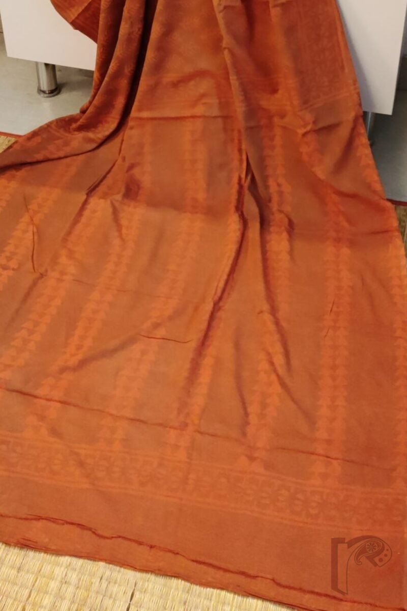 Mulmul Muse – Fudge Brown Mulmul Cotton Saree with Orange Ajrakh Leaf & Geometric Triangle Block Prints - Image 6