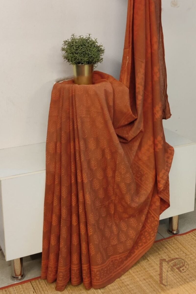 Mulmul Muse – Fudge Brown Mulmul Cotton Saree with Orange Ajrakh Leaf & Geometric Triangle Block Prints
