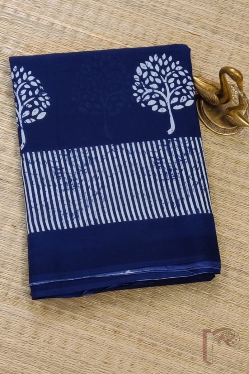 Mulmul Muse – Soft Blue Mulmul Cotton Saree with White Tree Motifs and Striped Border - Image 2