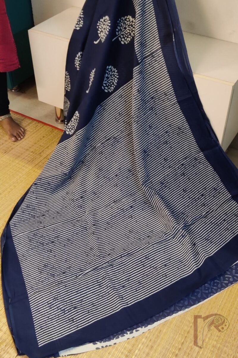 Mulmul Muse – Soft Blue Mulmul Cotton Saree with White Tree Motifs and Striped Border - Image 3