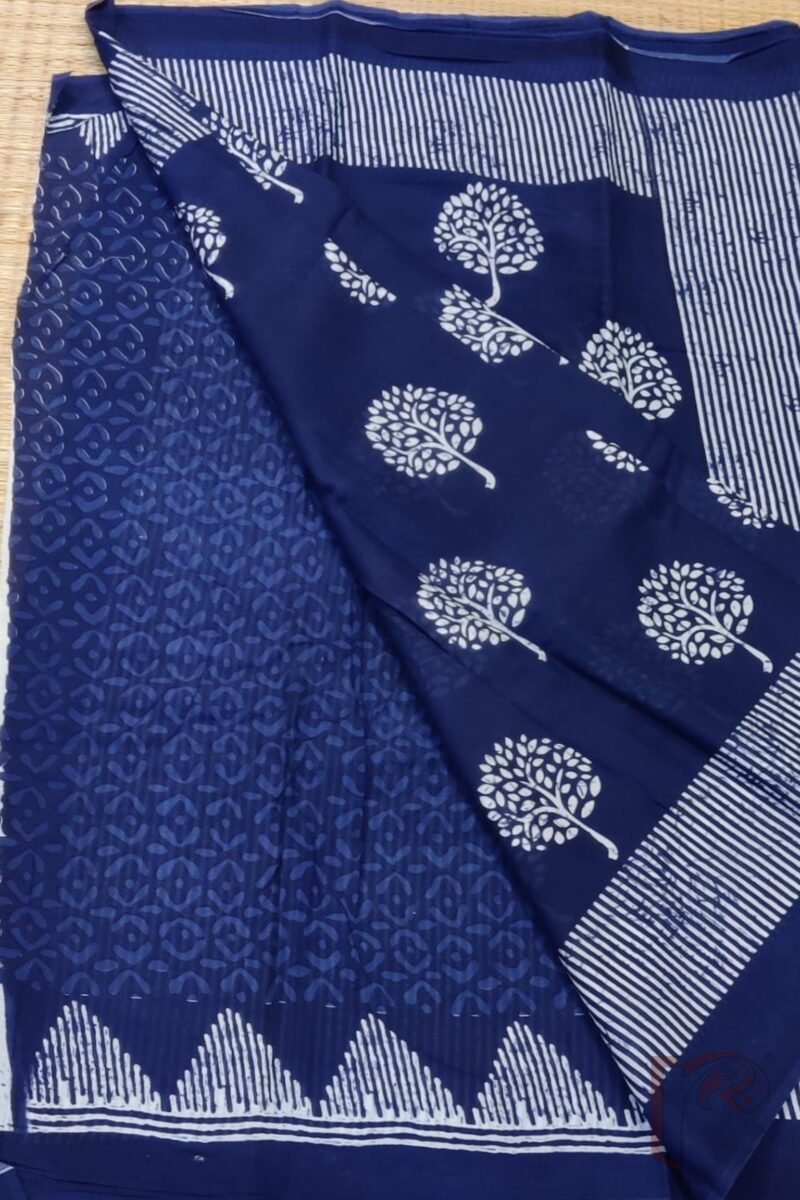Mulmul Muse – Soft Blue Mulmul Cotton Saree with White Tree Motifs and Striped Border - Image 4