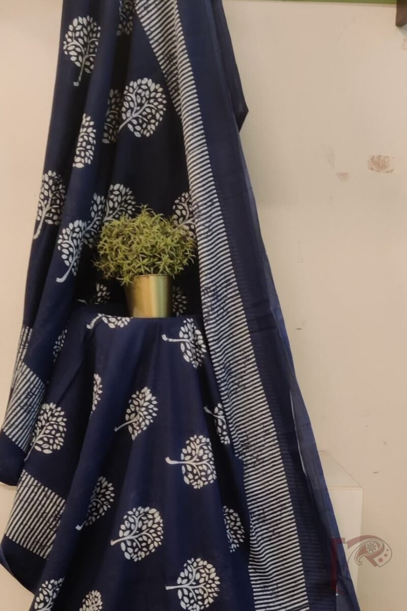 Mulmul Muse – Soft Blue Mulmul Cotton Saree with White Tree Motifs and Striped Border - Image 5