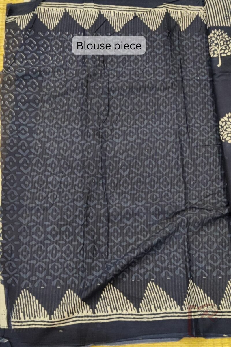 Mulmul Muse – Soft Blue Mulmul Cotton Saree with White Tree Motifs and Striped Border - Image 7