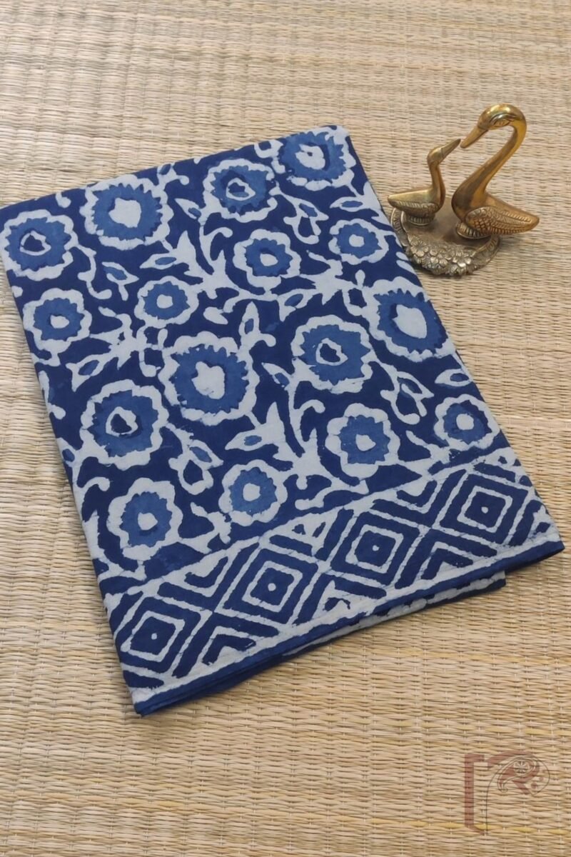 Mulmul Muse – Soft Blue Mulmul Cotton Saree with White Floral Body and Geometric Pallu - Image 2