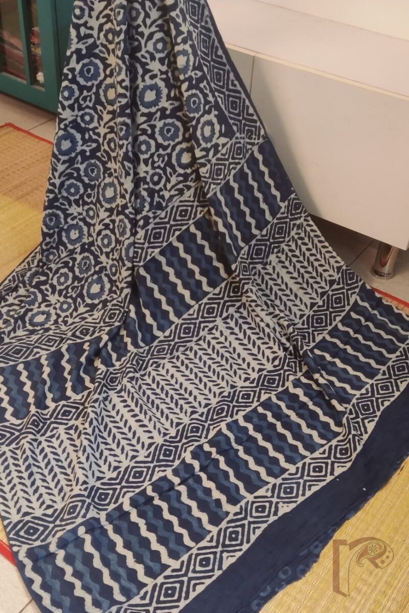 Mulmul Muse – Soft Blue Mulmul Cotton Saree with White Floral Body and Geometric Pallu - Image 3