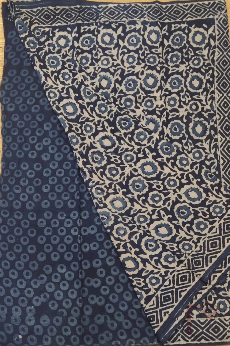Mulmul Muse – Soft Blue Mulmul Cotton Saree with White Floral Body and Geometric Pallu - Image 4