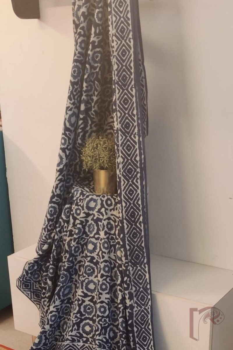 Mulmul Muse – Soft Blue Mulmul Cotton Saree with White Floral Body and Geometric Pallu - Image 5