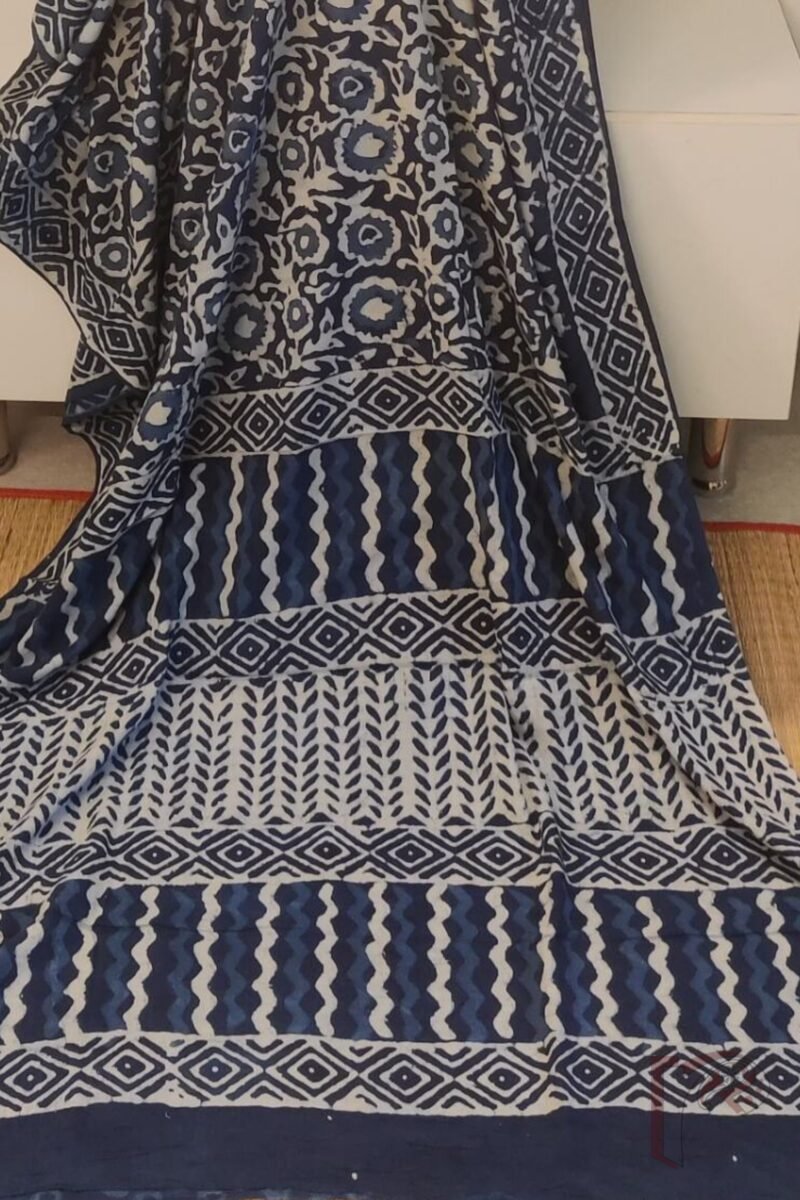 Mulmul Muse – Soft Blue Mulmul Cotton Saree with White Floral Body and Geometric Pallu - Image 6