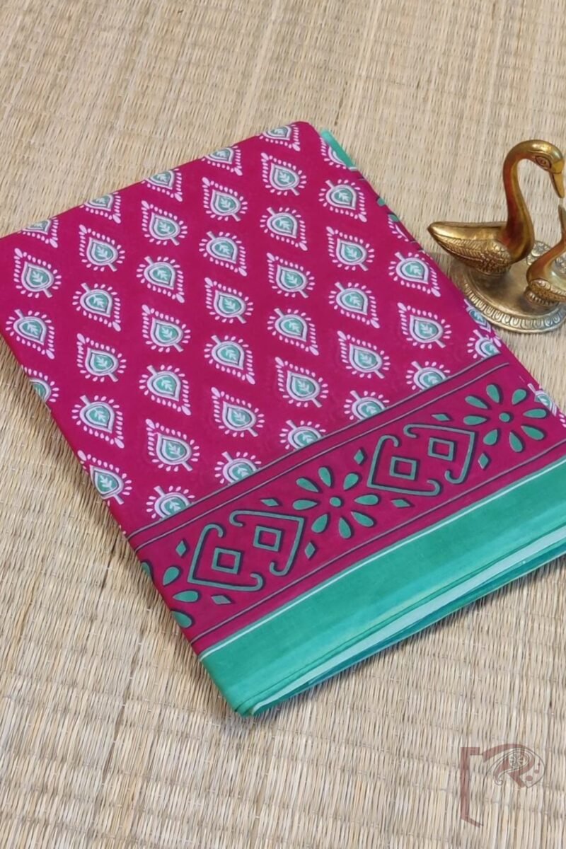Mulmul Muse – Hot Pink Mulmul Cotton Saree with Green Accents and Leaf Motifs - Image 2