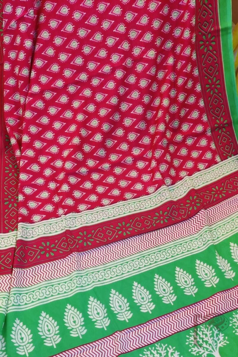 Mulmul Muse – Hot Pink Mulmul Cotton Saree with Green Accents and Leaf Motifs - Image 5