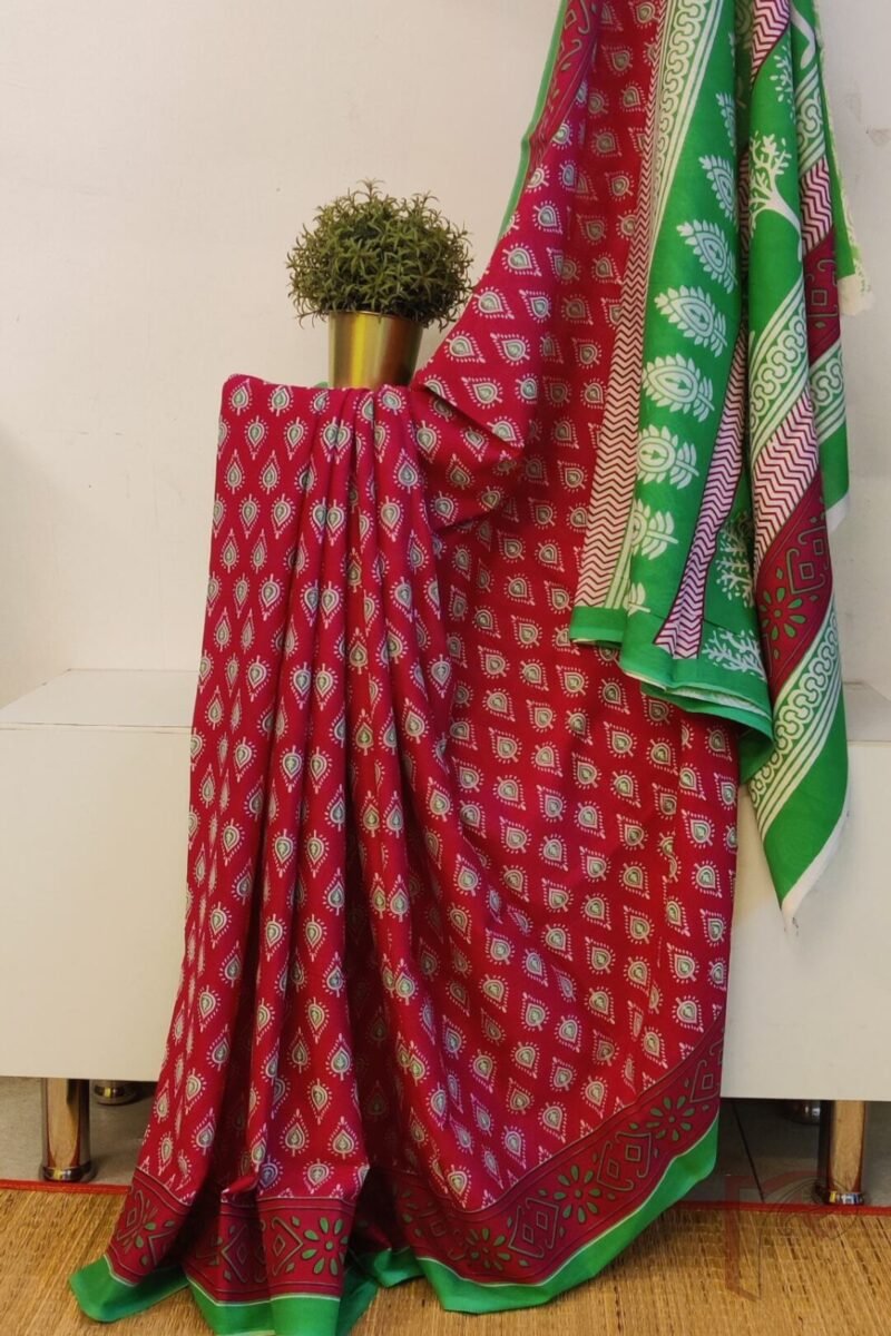 Mulmul Muse – Hot Pink Mulmul Cotton Saree with Green Accents and Leaf Motifs