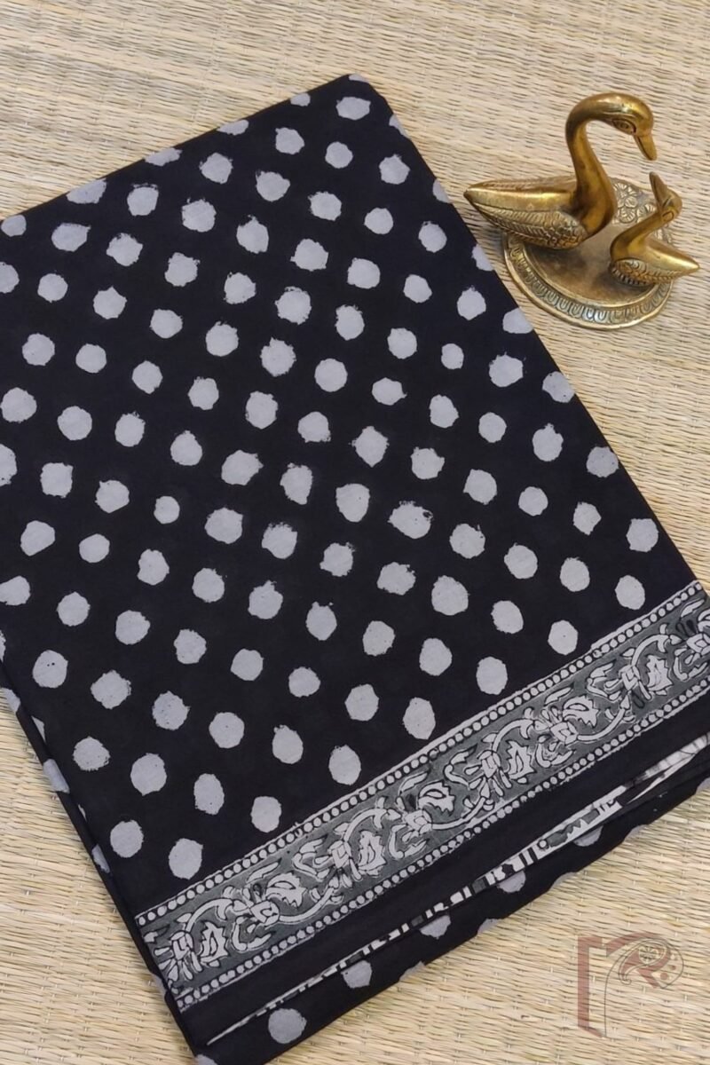 Mulmul Muse – Black Mulmul Cotton Saree with Grey Polka Dots and Kalamkari-Inspired Detailing - Image 2