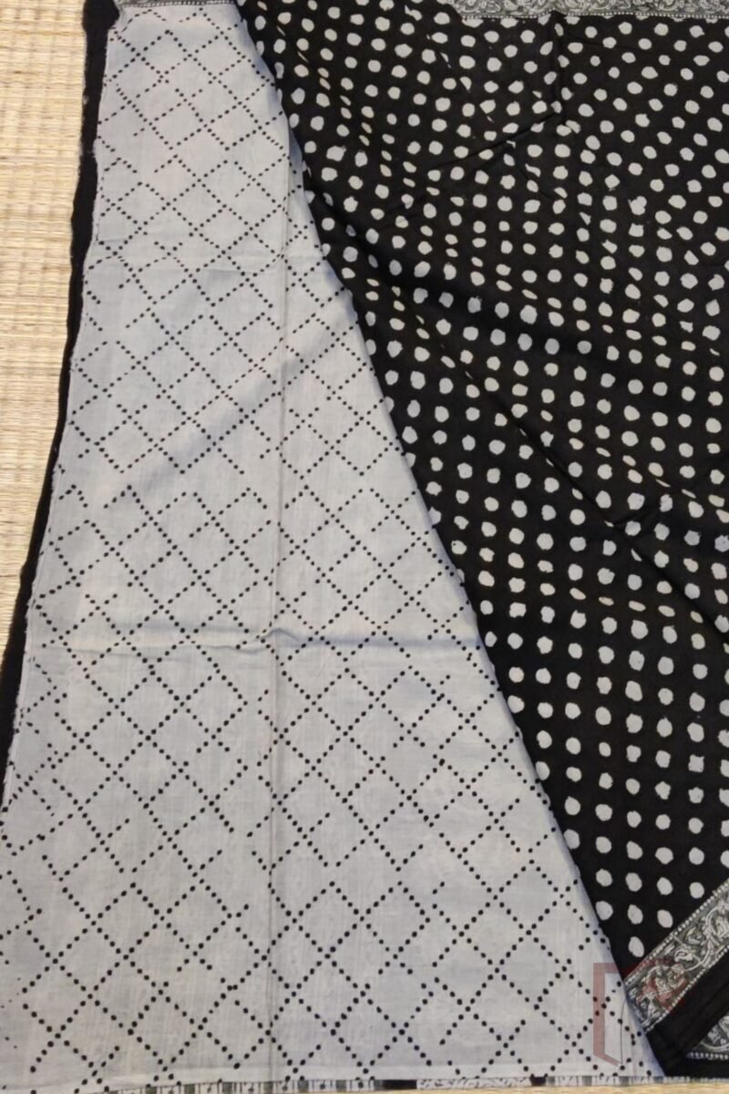 Mulmul Muse – Black Mulmul Cotton Saree with Grey Polka Dots and Kalamkari-Inspired Detailing - Image 4