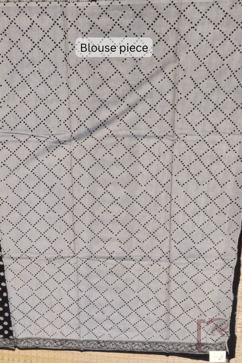Mulmul Muse – Black Mulmul Cotton Saree with Grey Polka Dots and Kalamkari-Inspired Detailing - Image 7