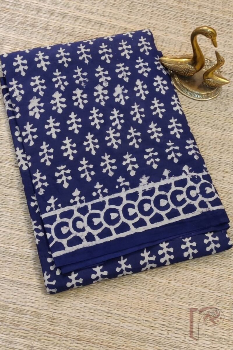 Mulmul Muse – Dull Indigo Mulmul Cotton Saree with Cream Leaf Motifs and Circle Border - Image 2