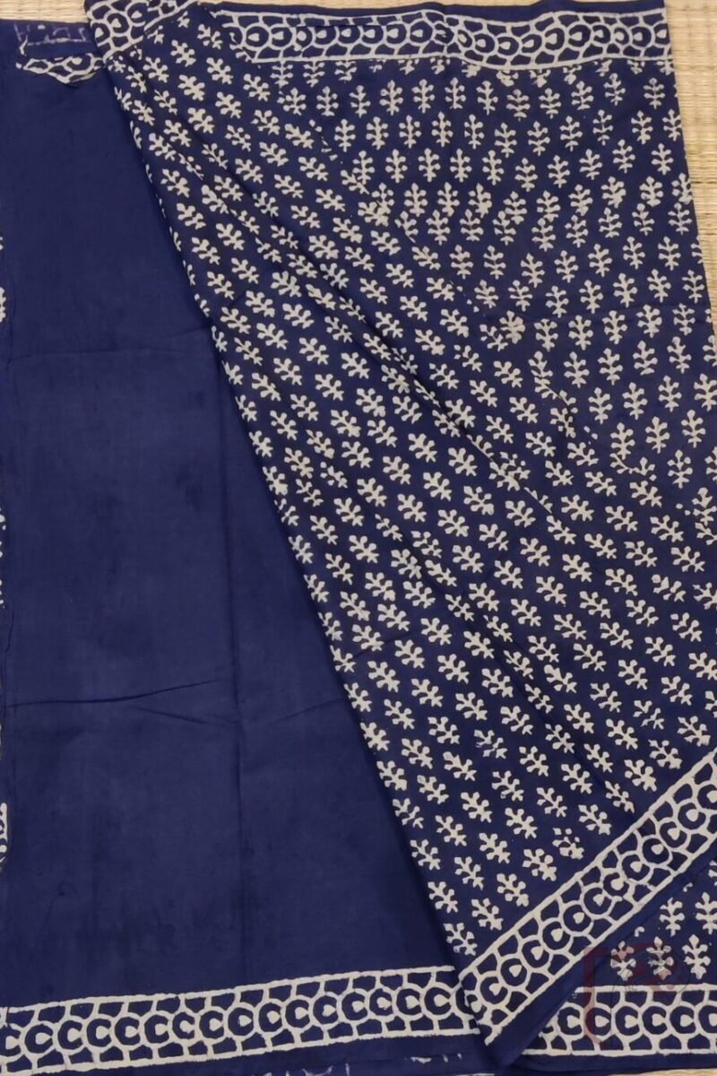 Mulmul Muse – Dull Indigo Mulmul Cotton Saree with Cream Leaf Motifs and Circle Border - Image 4