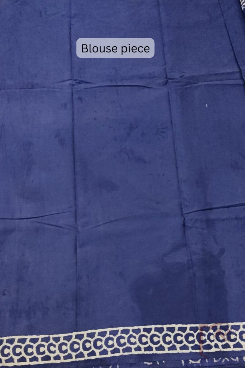 Mulmul Muse – Dull Indigo Mulmul Cotton Saree with Cream Leaf Motifs and Circle Border - Image 7