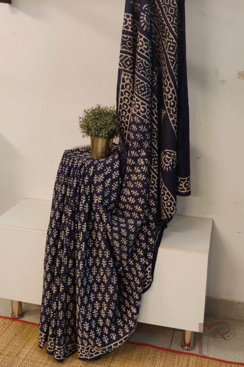 Mulmul Muse – Dull Indigo Mulmul Cotton Saree with Cream Leaf Motifs and Circle Border